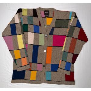 Vtg Neiman Marcus Cashmere Cardigan Scotland Colorblock Intarsia M Geometric 80s
